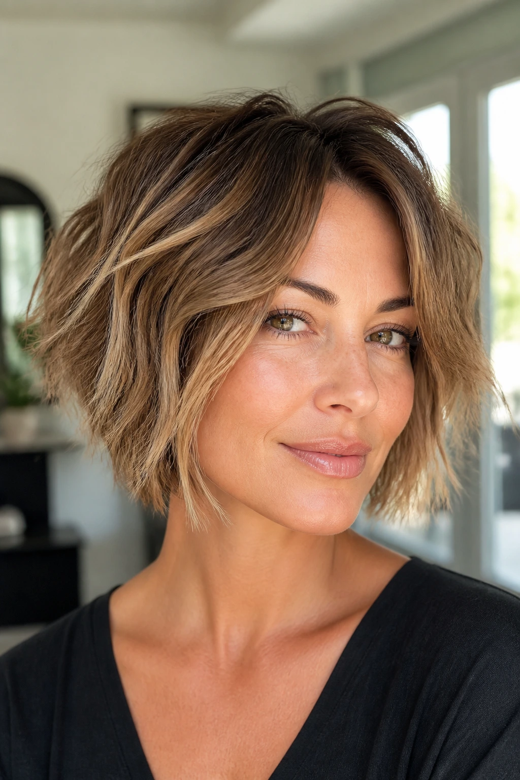 Real woman with bronde shaggy bob featuring feathered ends and sunlit highlights.
