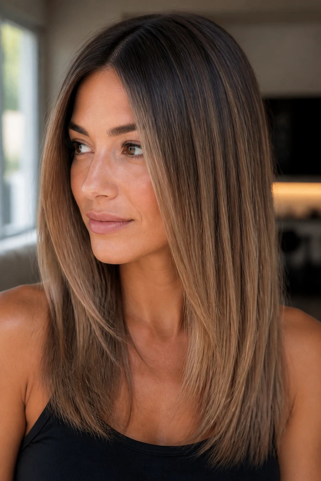 Close-up portrait of a real woman with bronde smoke shadow balayage on straight hair, sunlit living room.