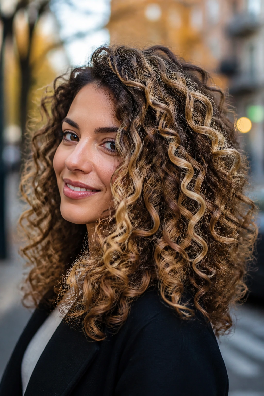 Close-up of a brunette with bronde ribbons highlighting spiral curls