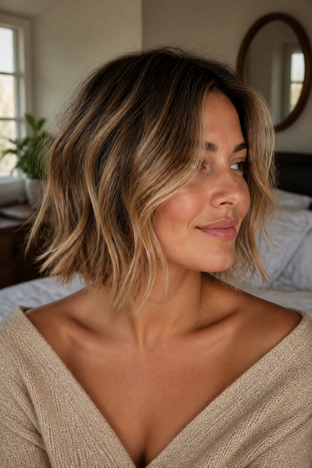 Close-up portrait of a real woman with bronde wavy bob and darker roots fading to lighter mid-lengths
