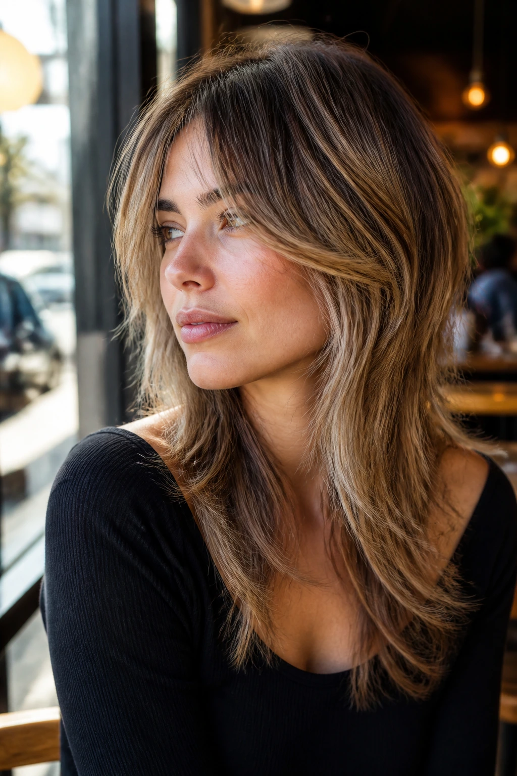 Close-up of a real woman with bronde wolf cut and dimensional color.