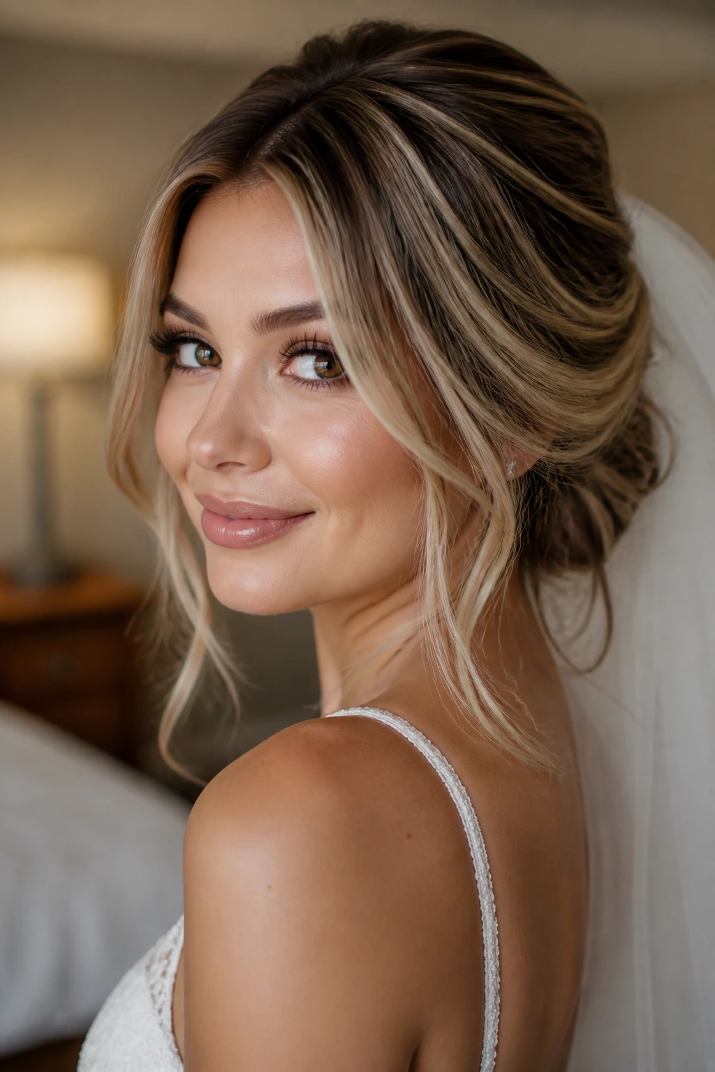 Close-up of a bride with Bronded Almond Blonde hair featuring brunette-to-blonde blend
