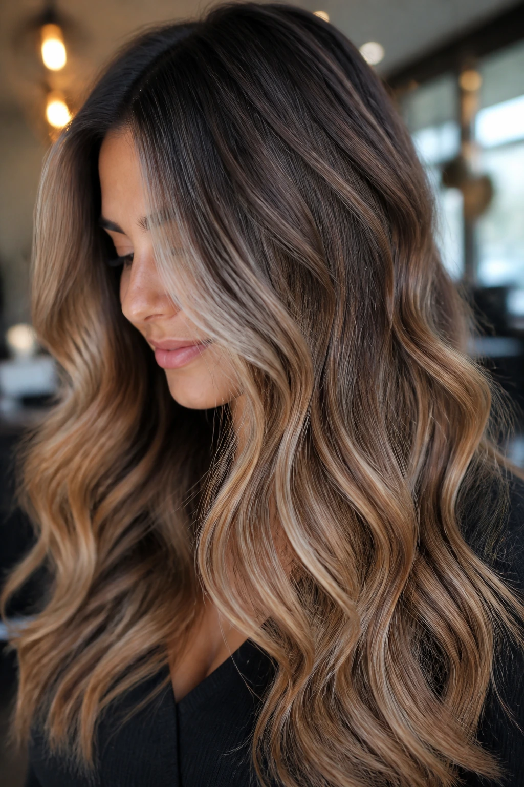 Close-up of brunette with bronze-to-ash hair blend and dimensional color
