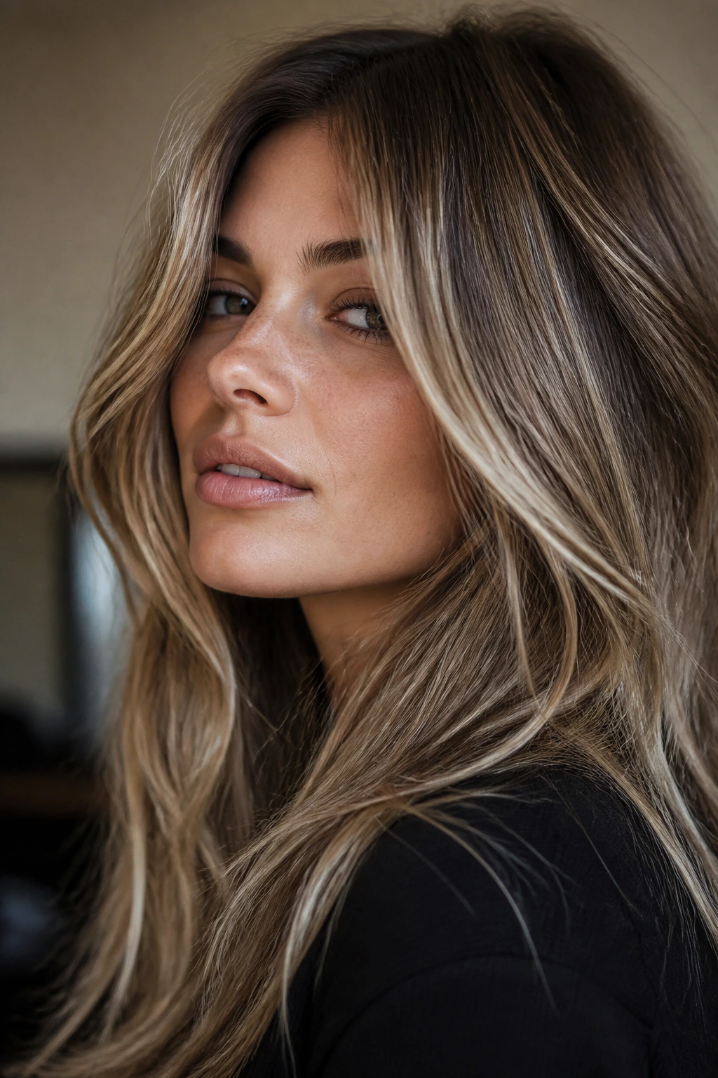 Close-up portrait of a real woman with bronze ash blonde hair and subtle darker ribbons