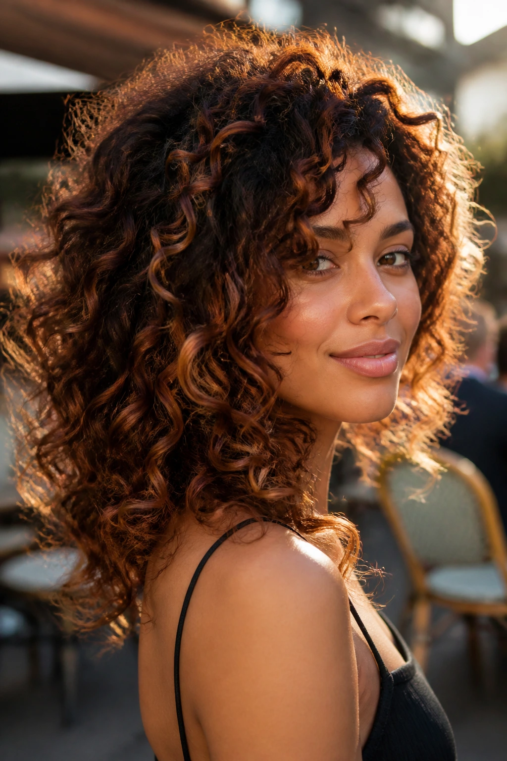 Close-up of textured curls with bronze and auburn dimension