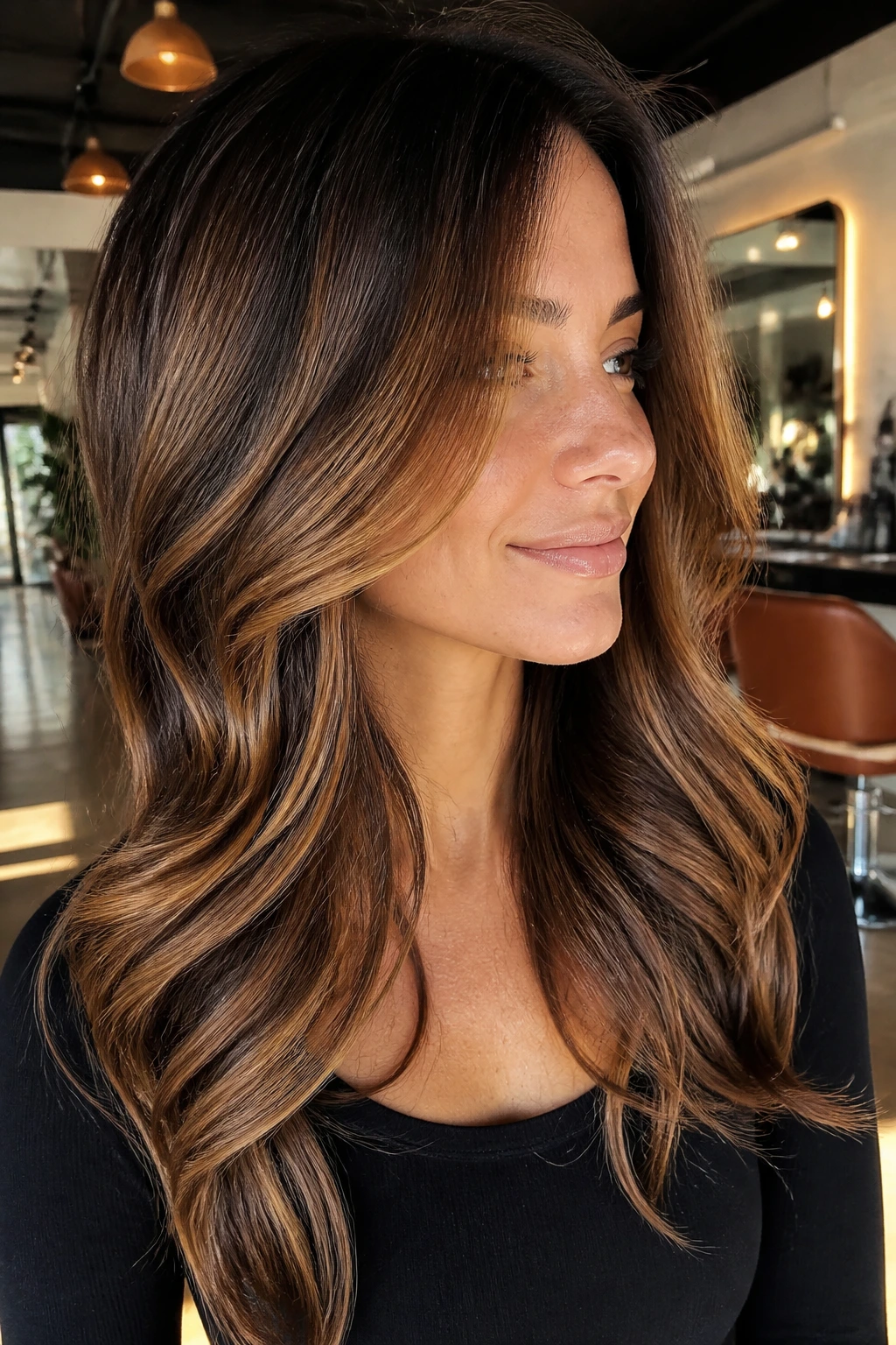 Close-up of a real woman with bronze balayage in brunette hair under warm salon light