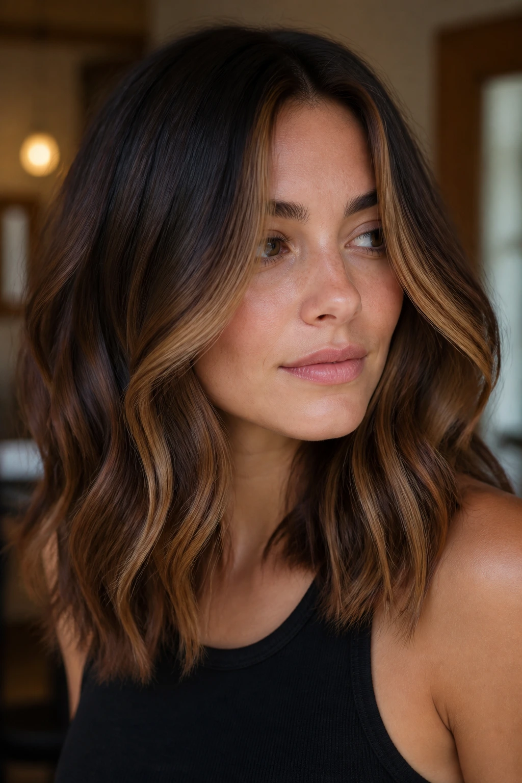 Close-up of brunette hair with bronze balayage highlights on a real person, warm lighting