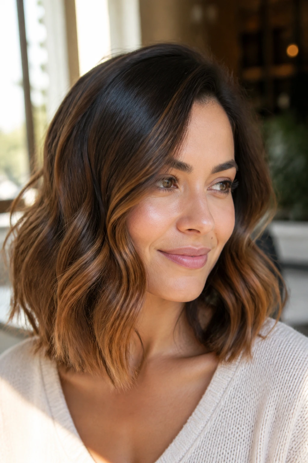 Close-up of a real woman with bronze balayage on collarbone-length hair and soft waves