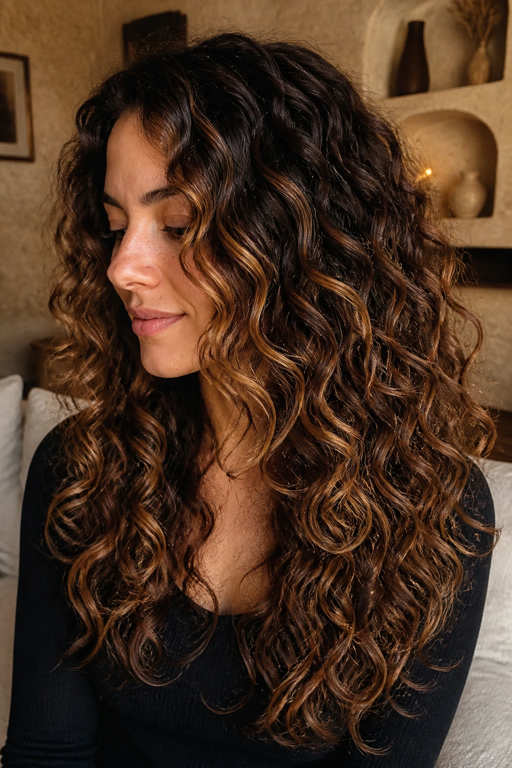Bronze balayage creates a waterfall of bronze highlights on curly hair