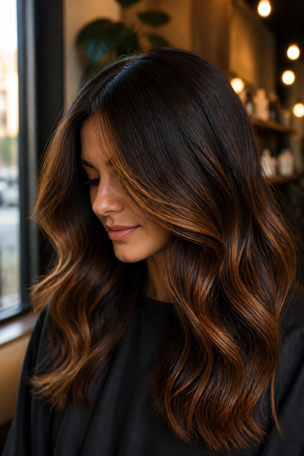 Close-up of a real person with bronze balayage on dark hair and soft waves