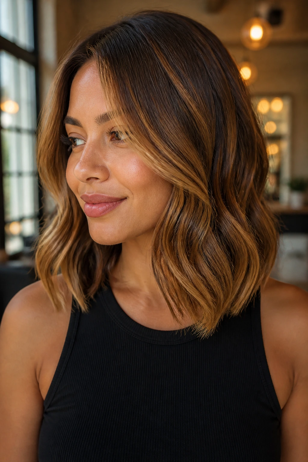 Close-up of bronze balayage on shoulder-length hair with luminous ends