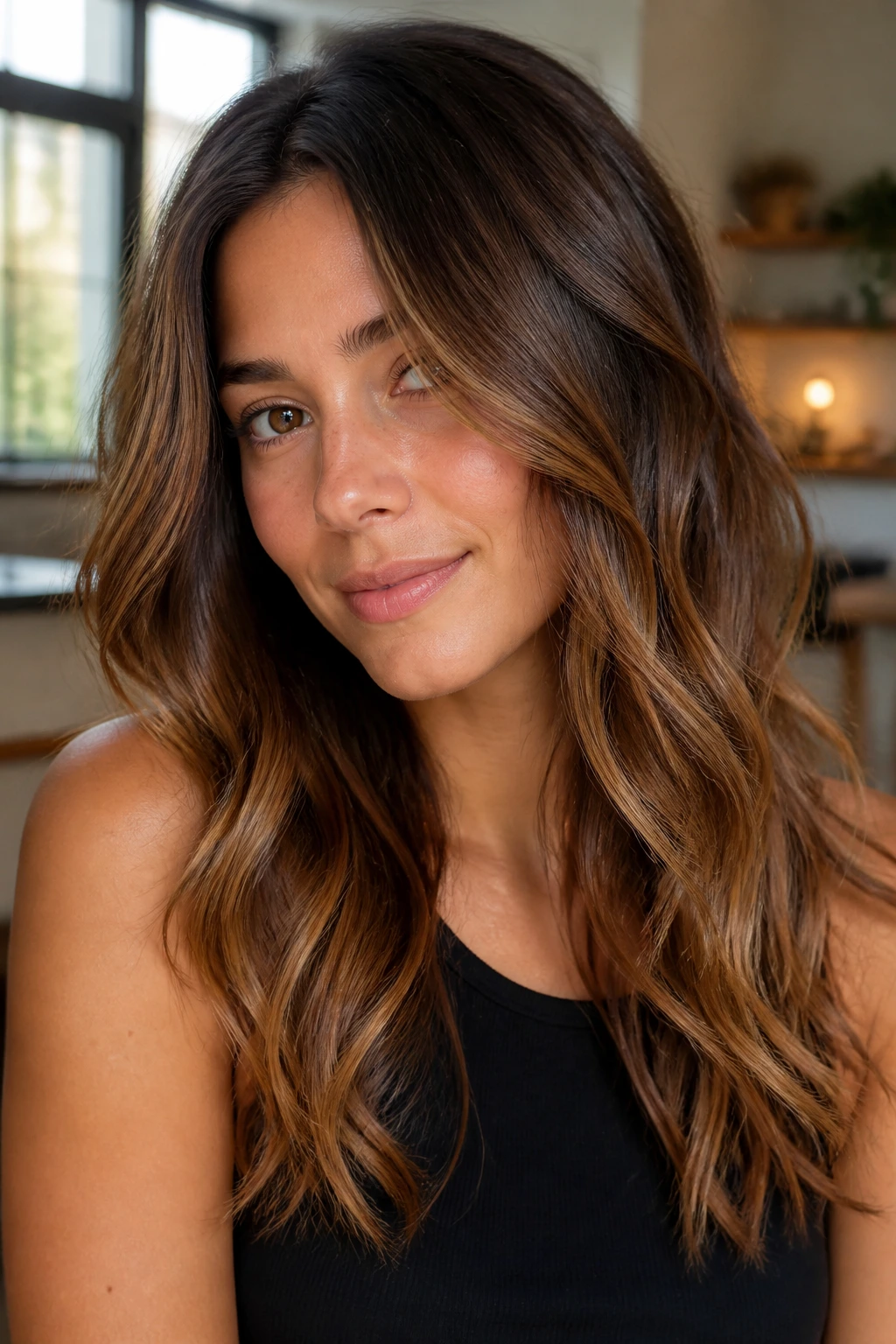 Close-up of a real woman's medium brown hair with bronze highlights in warm window light