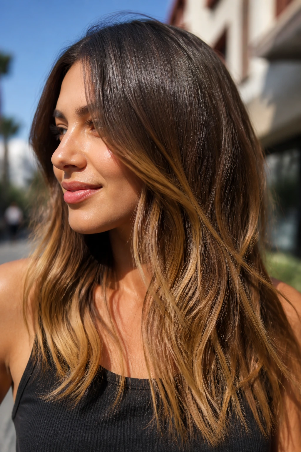 Portrait of a real woman with bronze balayage and sunlit ends in an outdoor setting