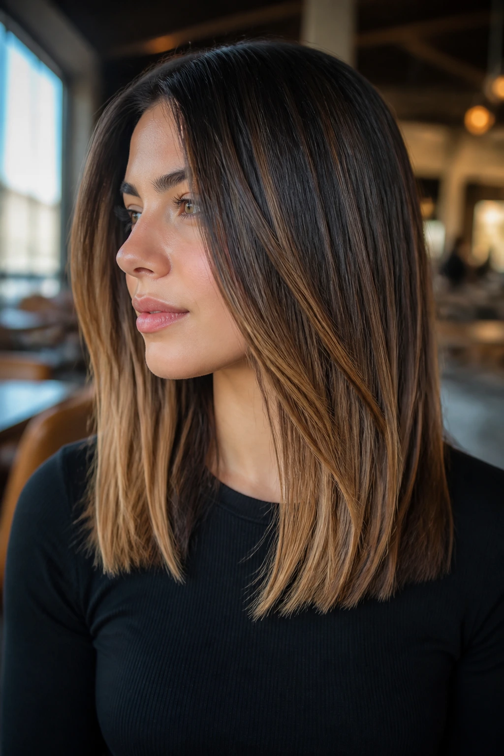 Shoulder-length thick straight hair with bronze balayage panels