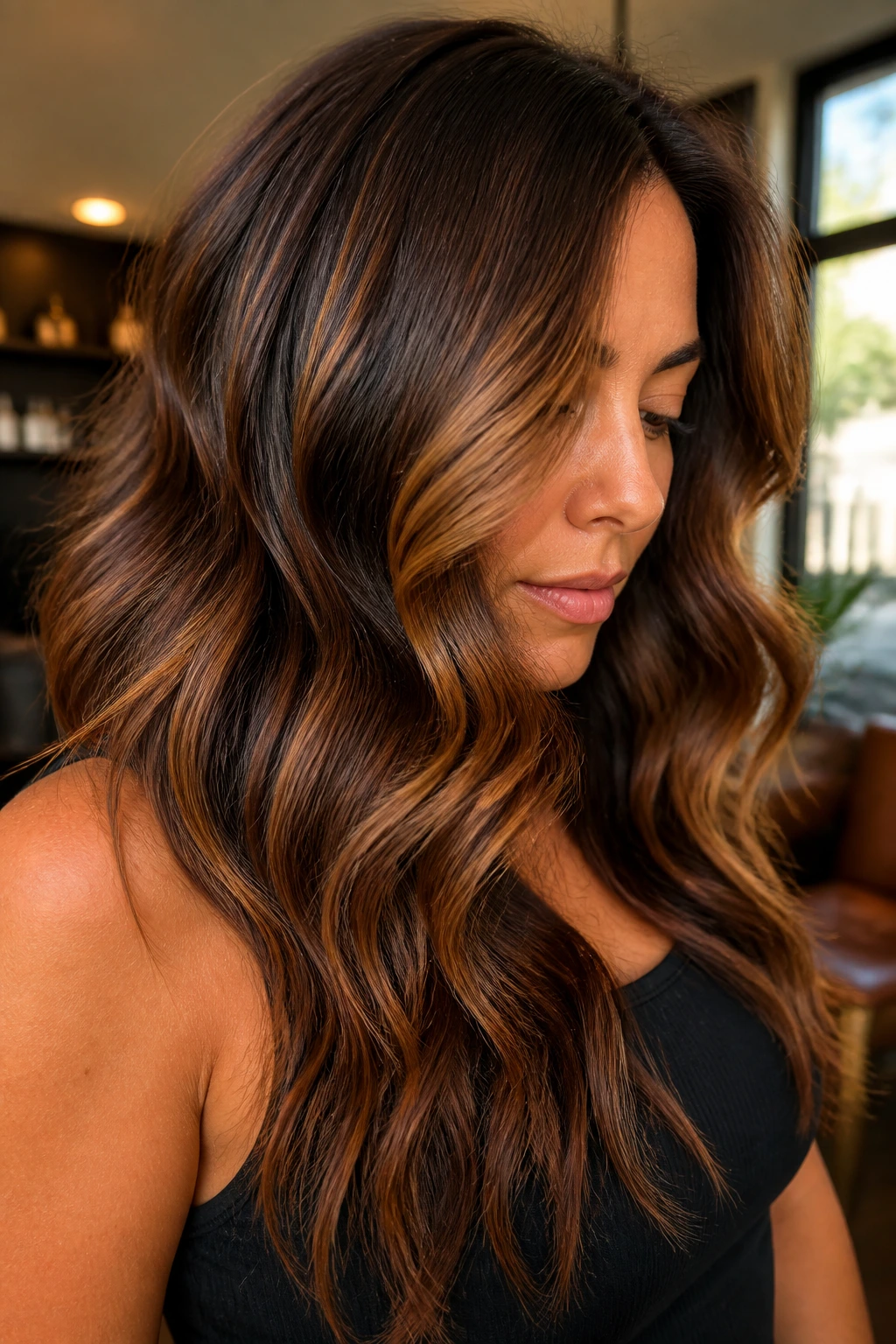 Close-up of a real woman with bronze balayage on thick, wavy hair