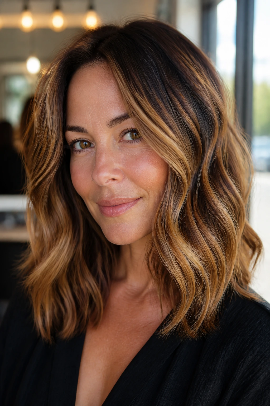 Close-up of a real woman's bronze glow balayage on shoulder-length wavy hair in a warm salon