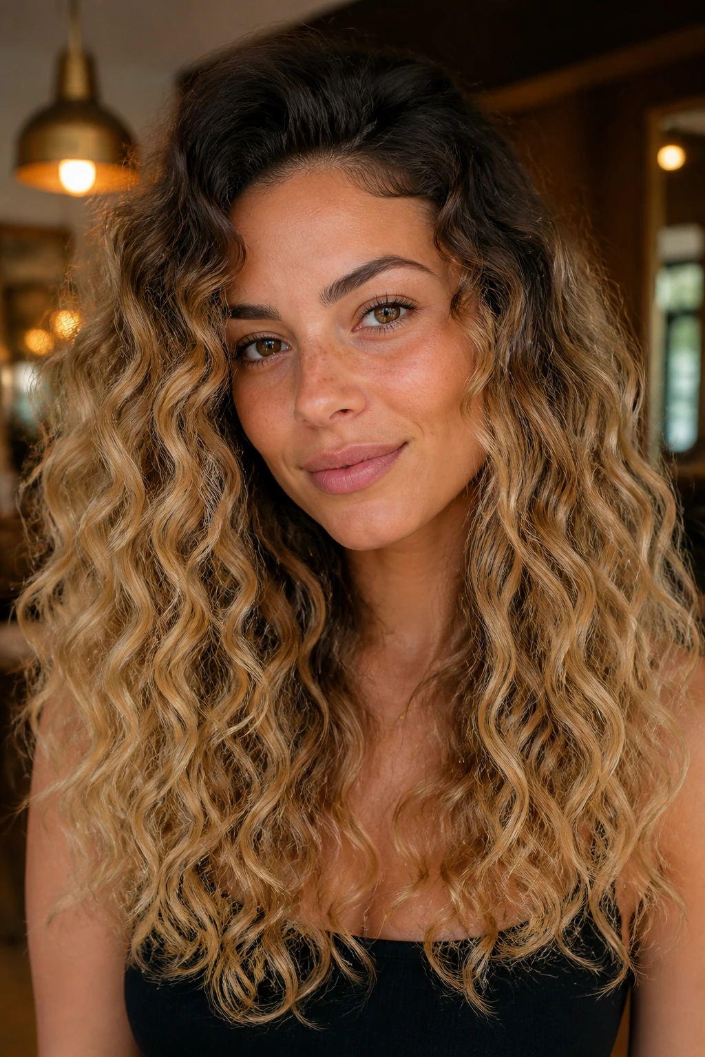 Close-up of bronze-to-blonde dimension on a real woman with root-to-ends contrast