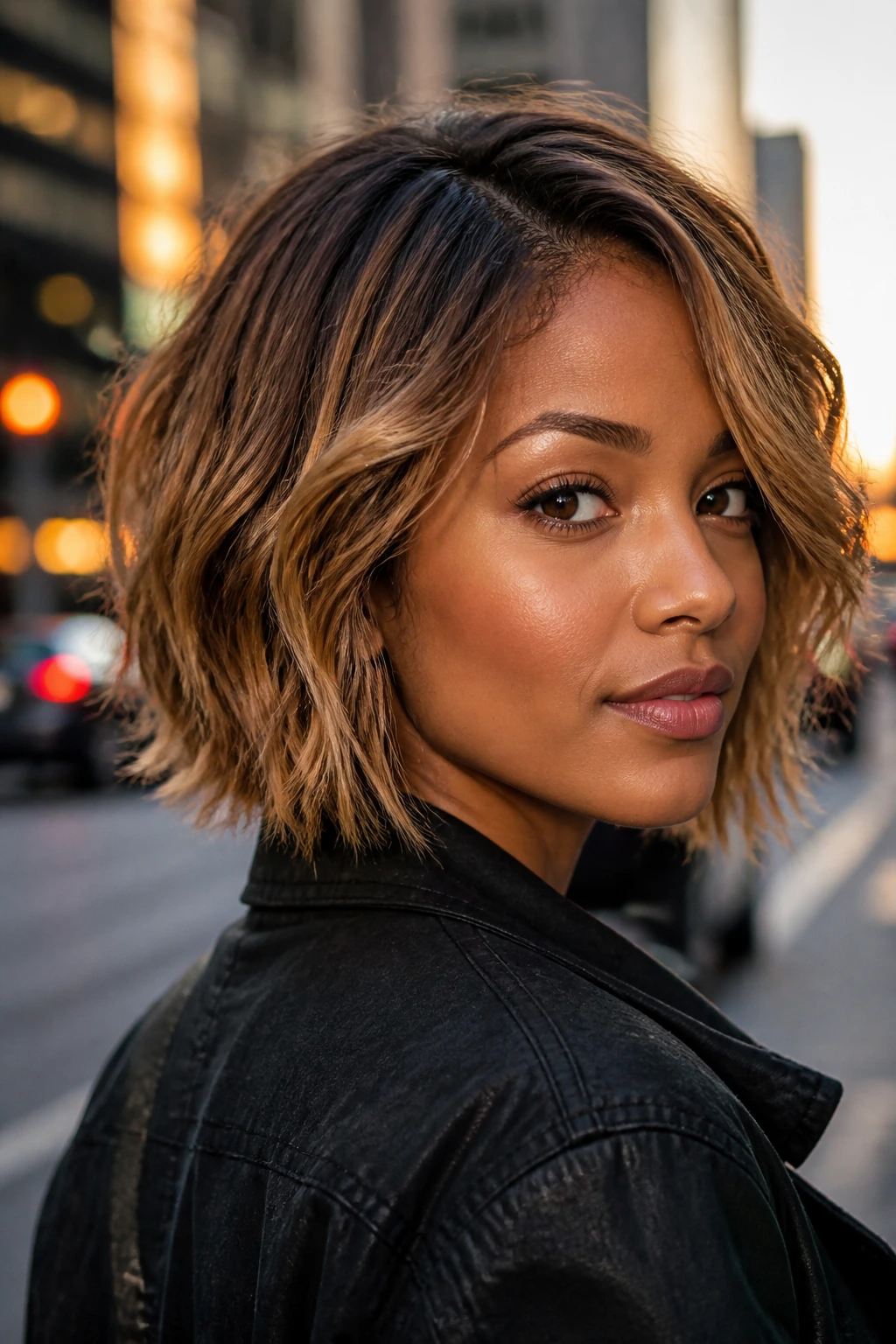 Close-up portrait of a real woman with bronze blonde hair in golden-hour city light