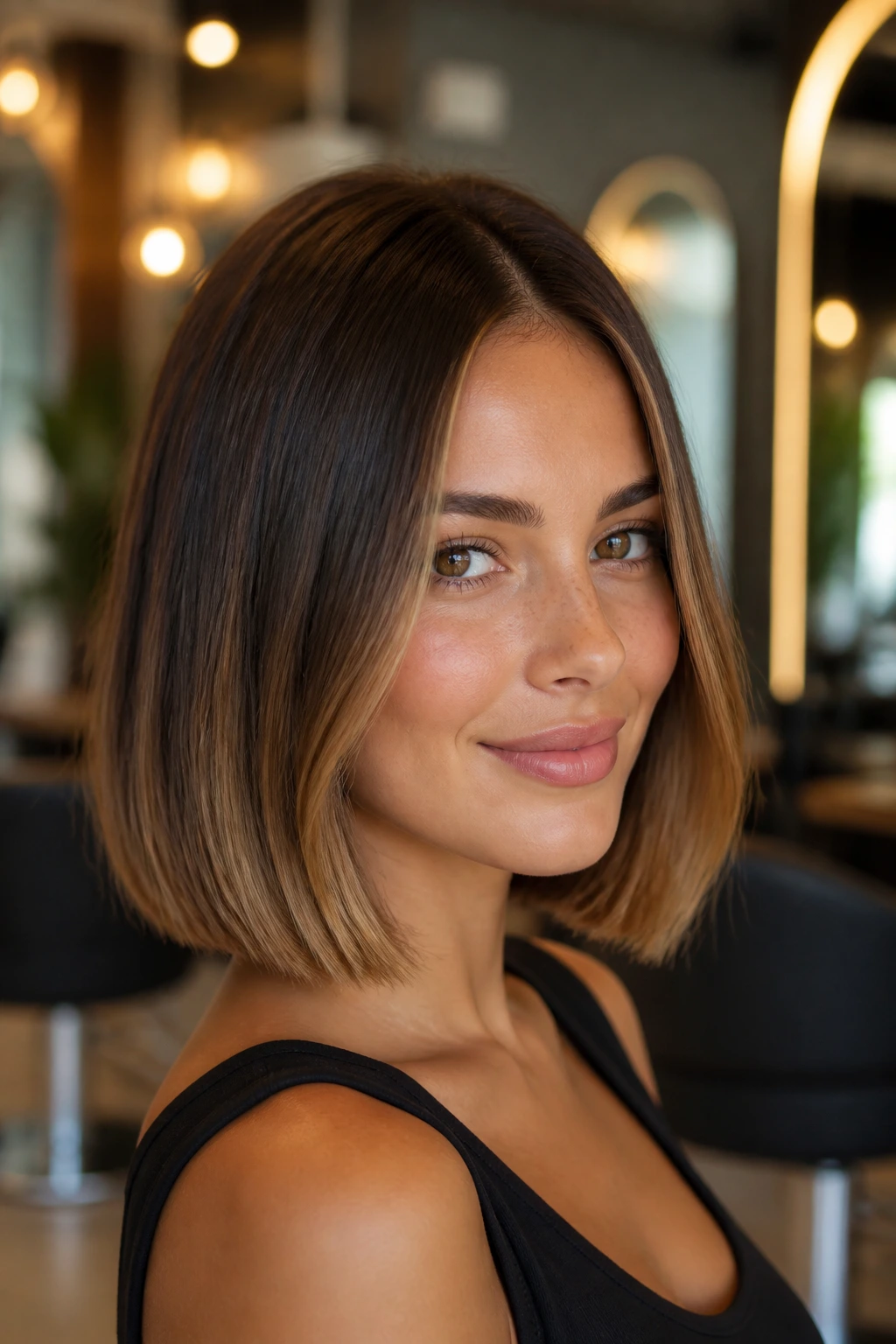 Portrait of real woman with bronze bob balayage and face-framing highlights