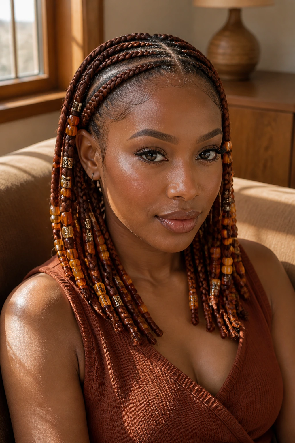Close-up of a real woman with bronze and amber-bead tribal braids under warm window light
