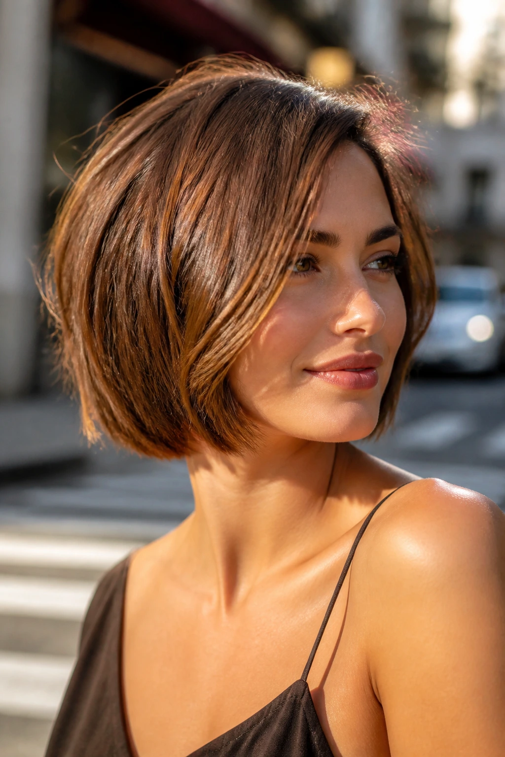 Close-up portrait of a real woman with bronze-brown bob showing texture