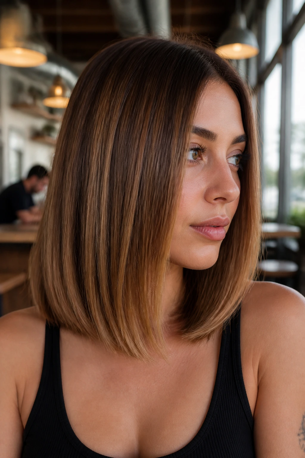 Close-up of straight lob in bronze brown with glossy finish