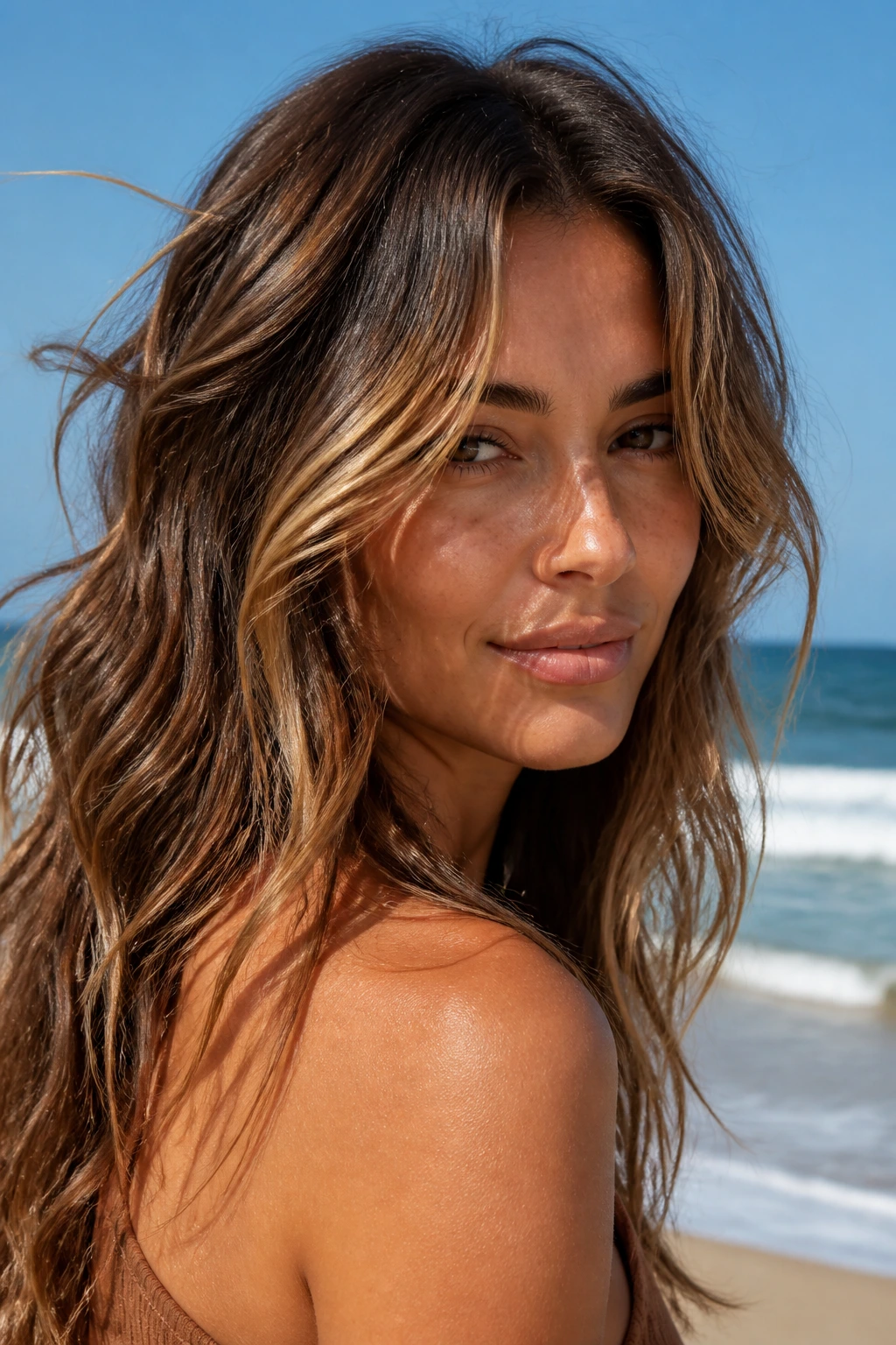 Portrait of a real woman with bronze brunette beach texture