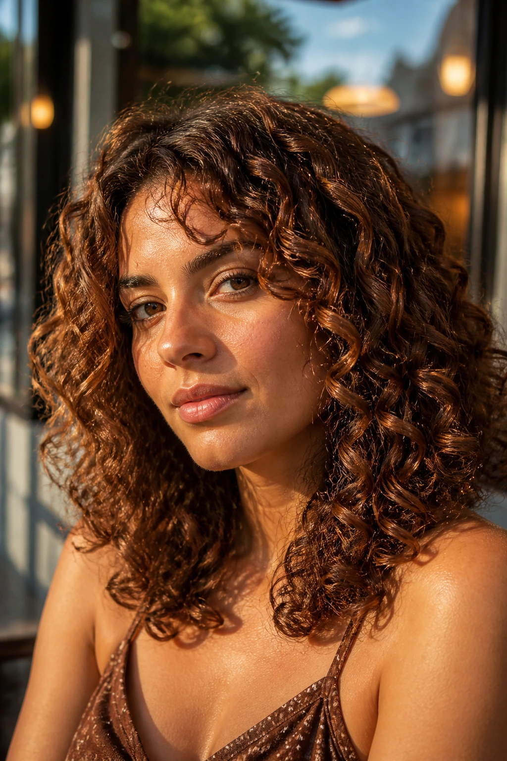 Close-up portrait of bronze brunette curls on a real person with mid-length hair