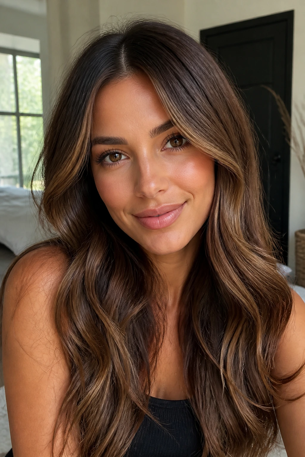 Close-up portrait of bronze brunette hair with glossy finish in warm window light