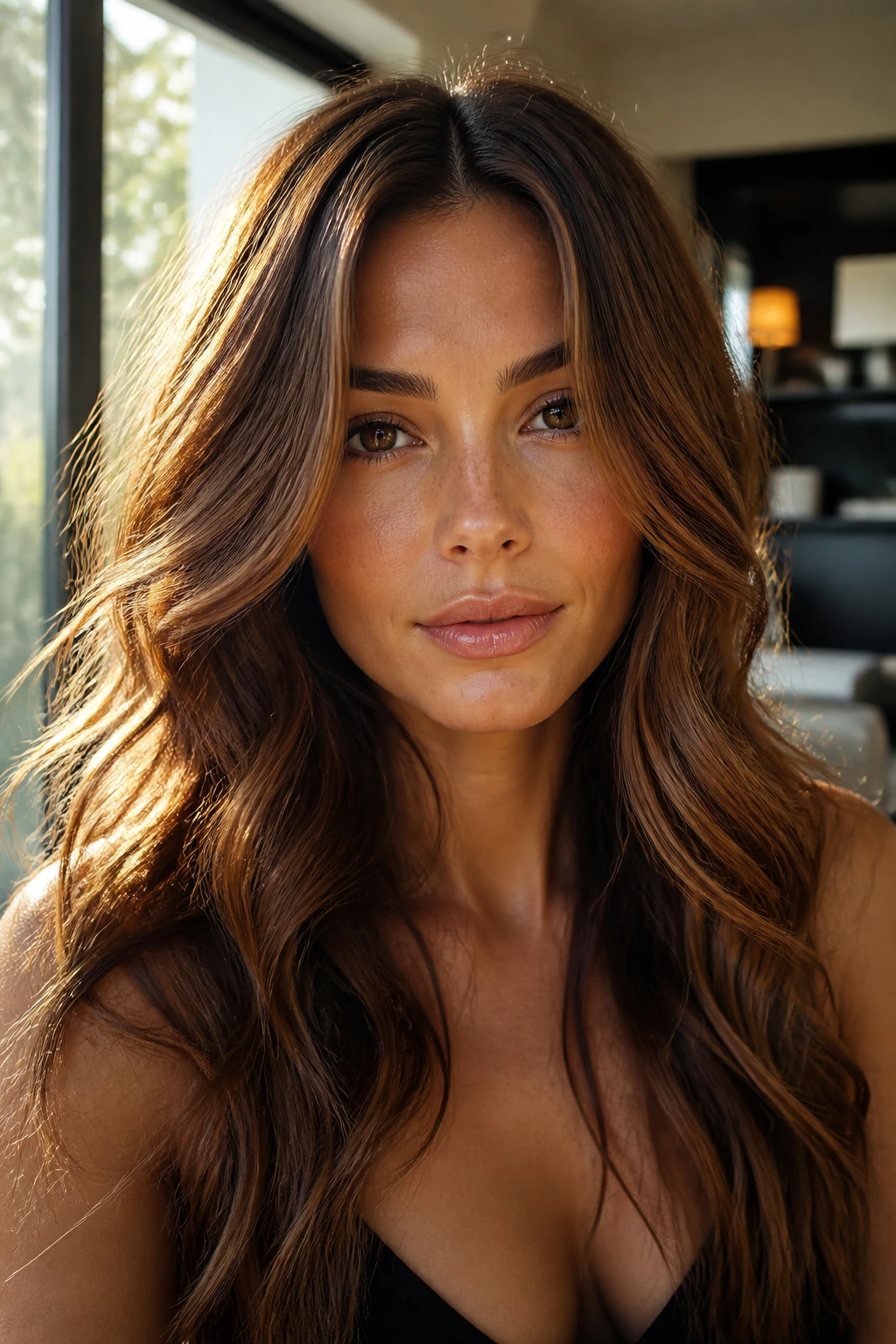 Close-up portrait of a real woman with bronze brunette hair showing metallic shine in natural window light