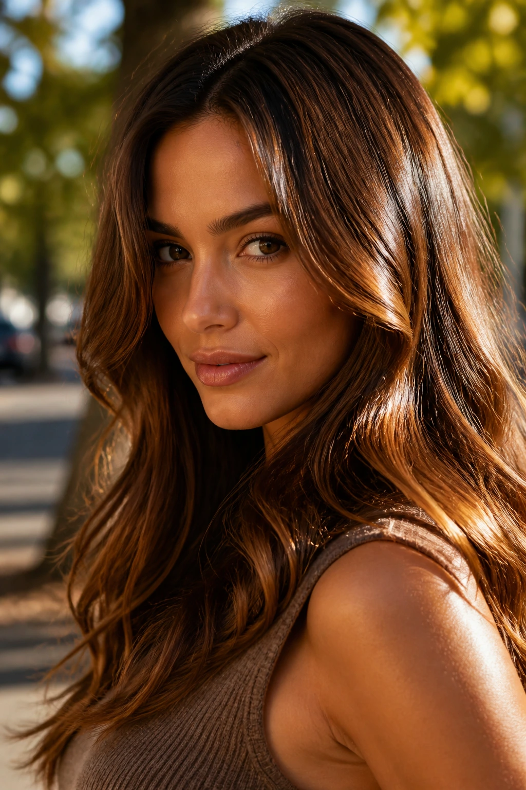 Close-up of a real woman with bronze brunette hair and metallic shine in golden hour light