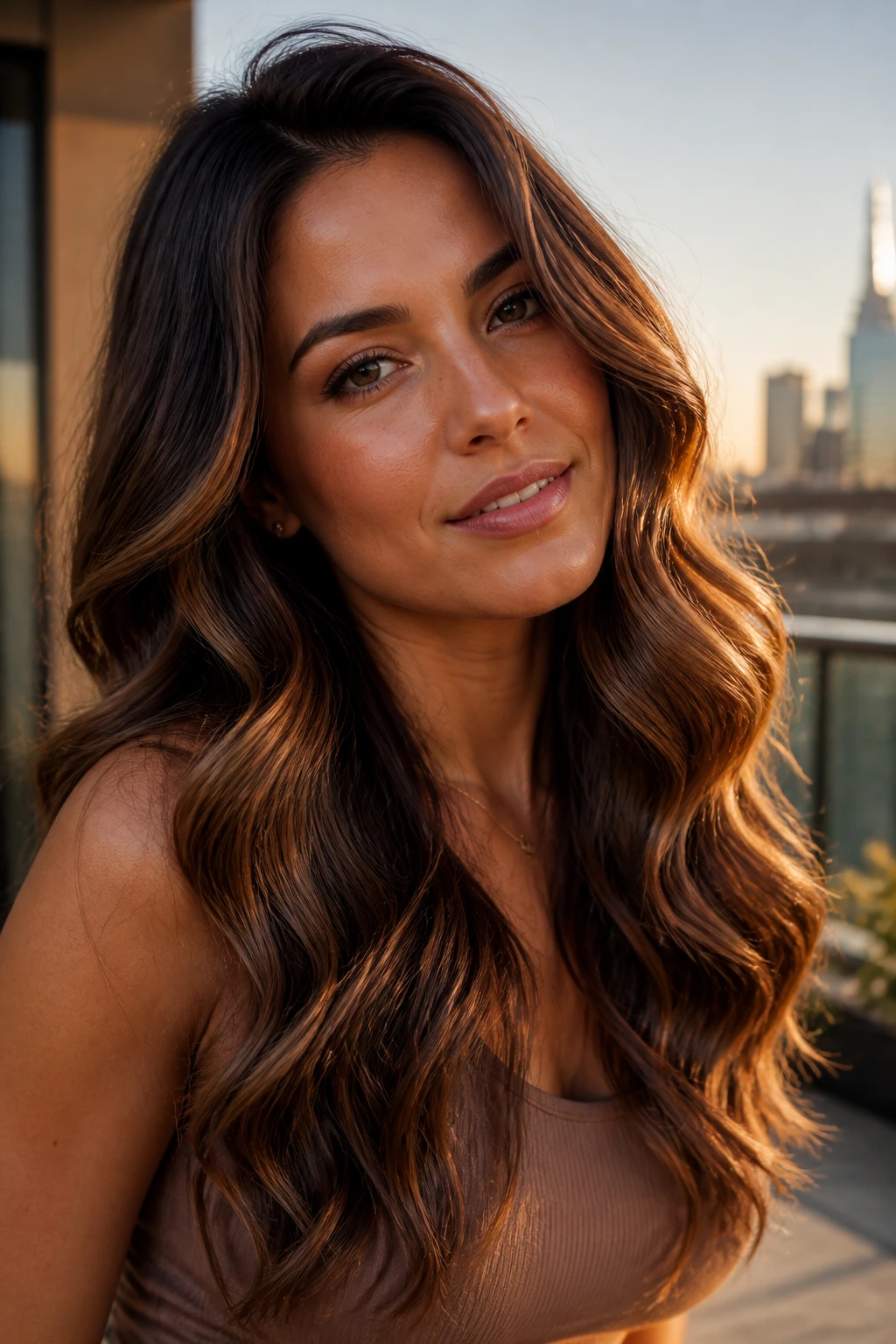 Close-up of a real woman with bronze-toned S-waves in long brunette hair.