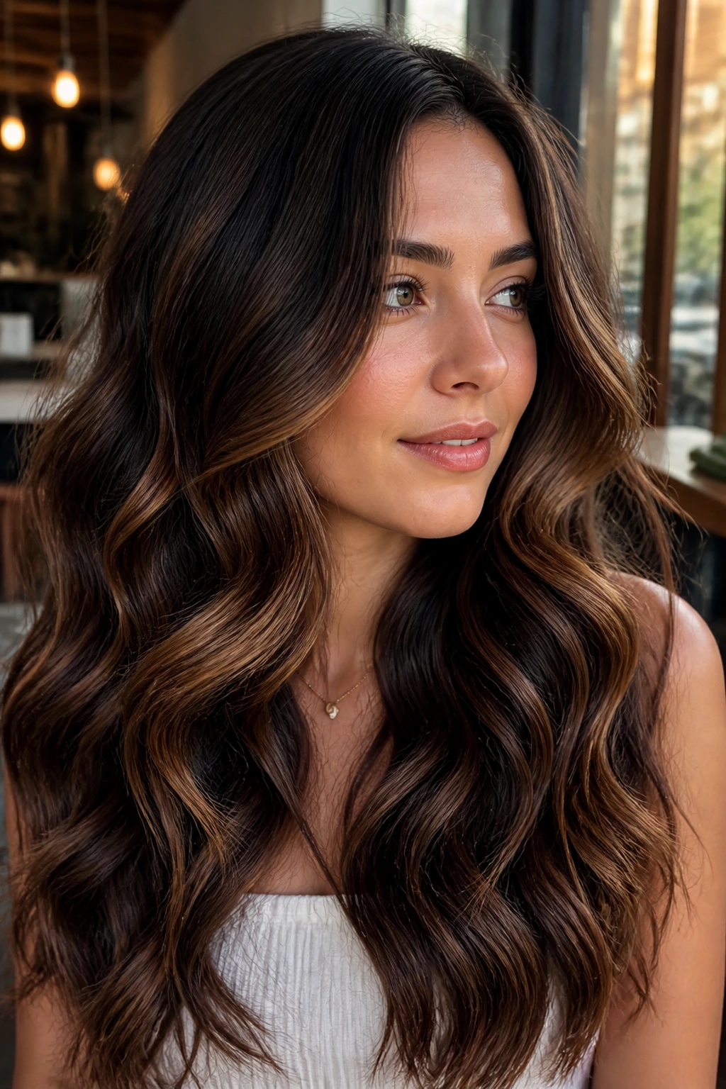 Close-up of a real woman with bronze brunettes S-waves