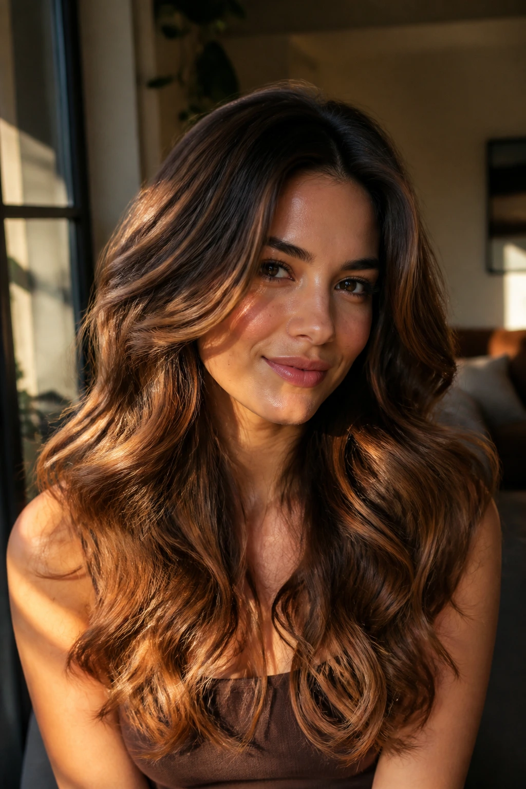 Portrait of a real woman with long brunette hair showing soft S-waves and bronze highlights.