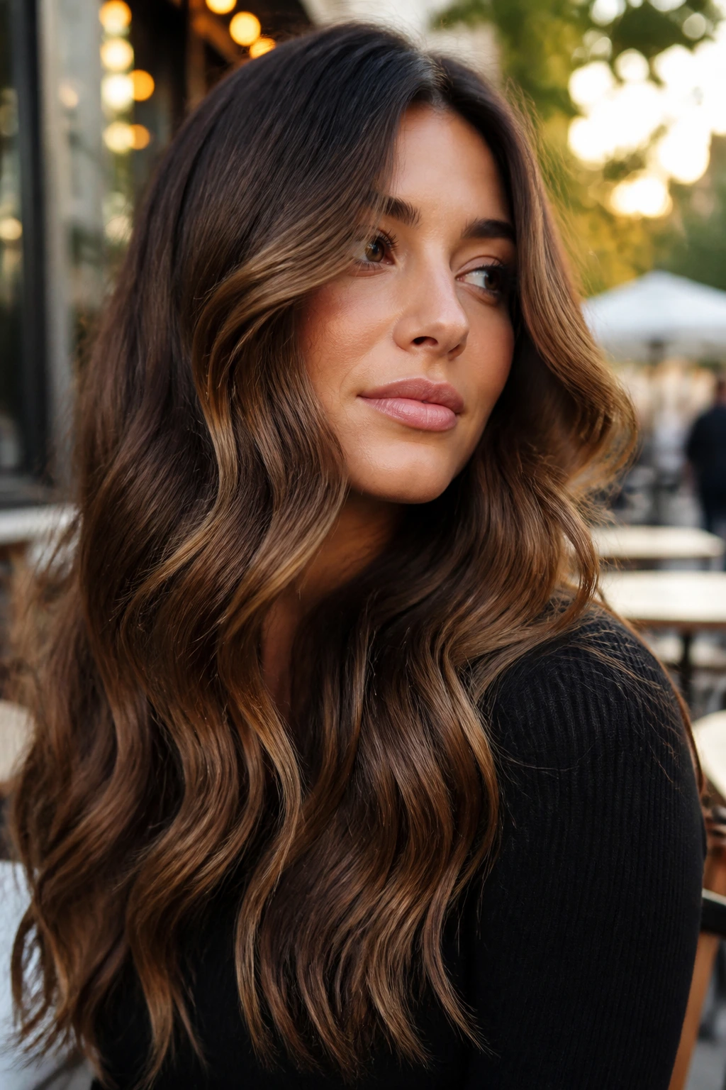 Close-up of real woman with bronze brunette S-waves in golden hour outdoor setting