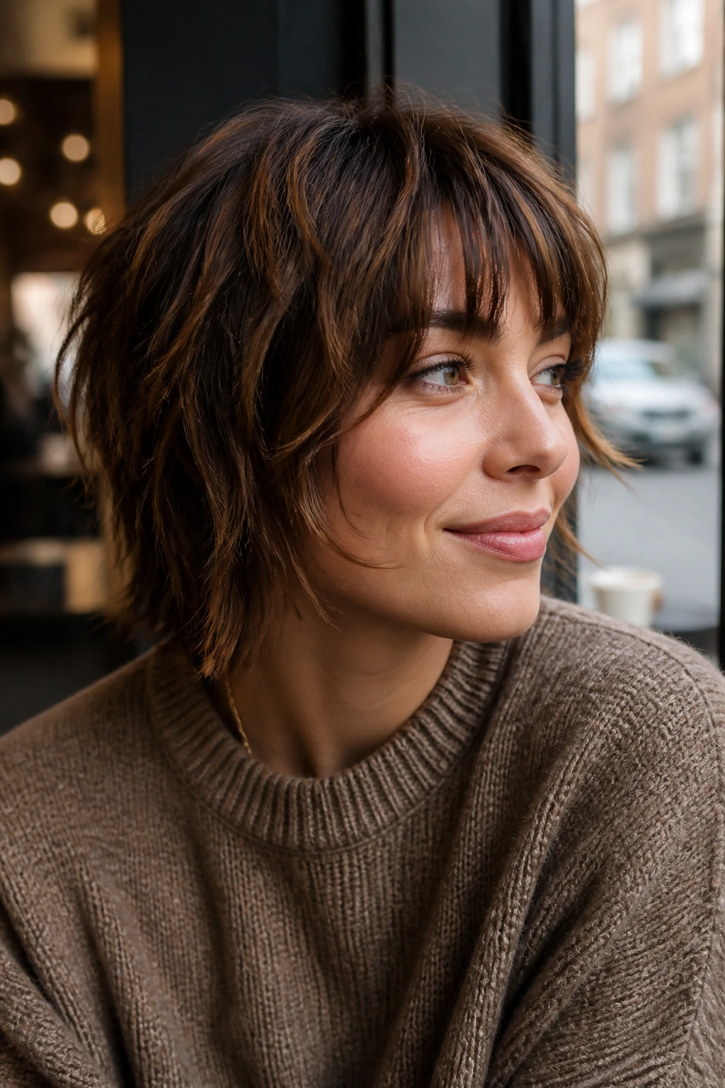 Close-up of a real person with bronze brunette shag showing bronze ribbons in short layers