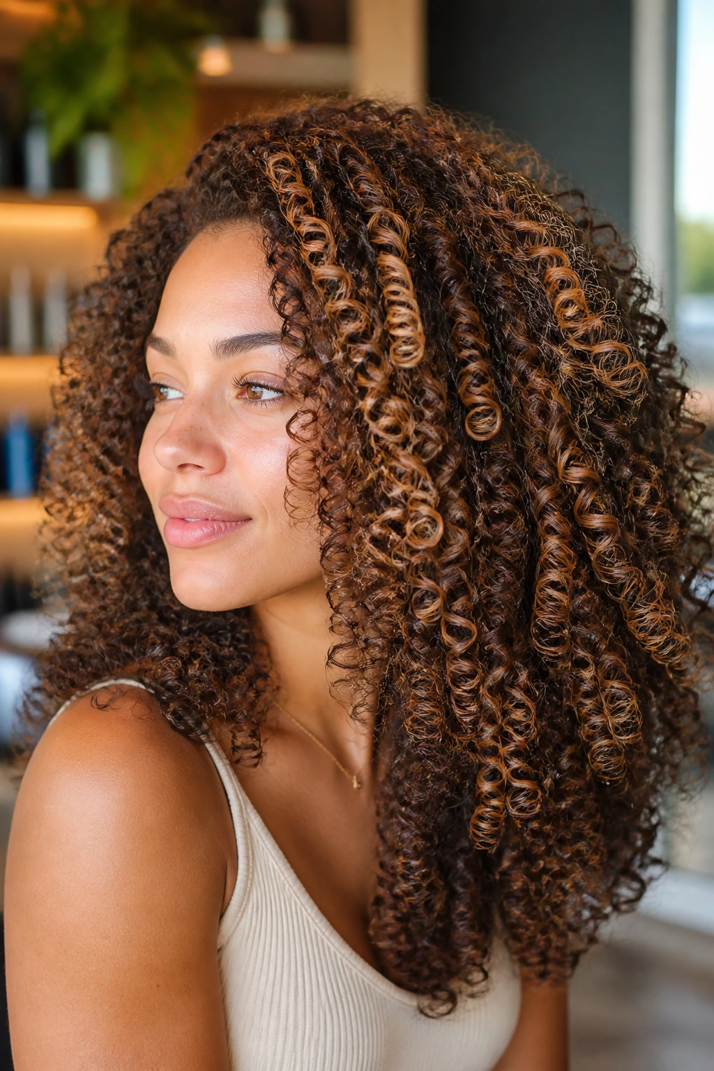 Close-up of a real person with thick curly hair showing bronze caramel ribbons on the top layer