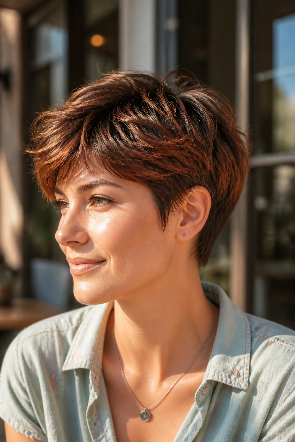 Bronze copper ends on brunette roots in short crop