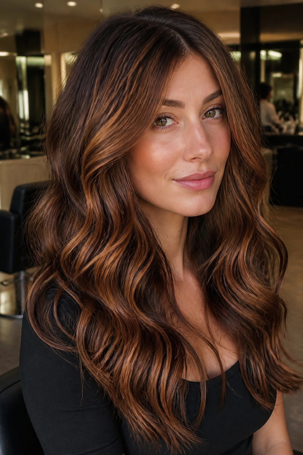 Close-up of a real woman with bronze copper micro-highlights in dense waves