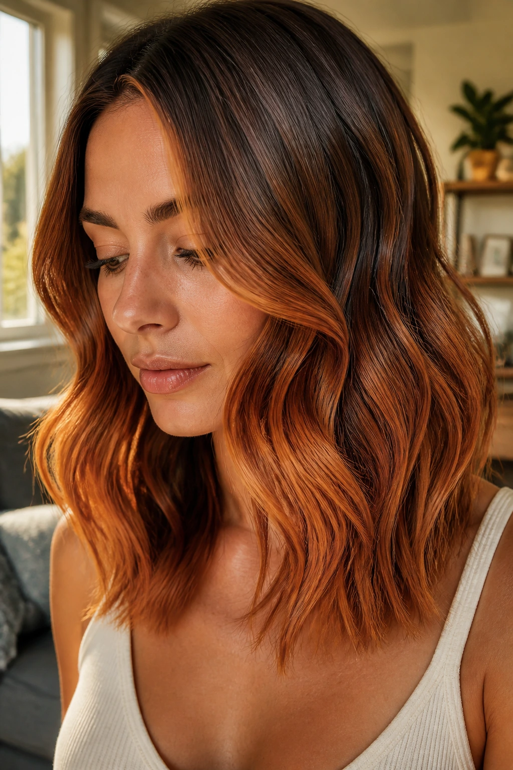 Close-up of bronze to copper ombre on medium-length hair