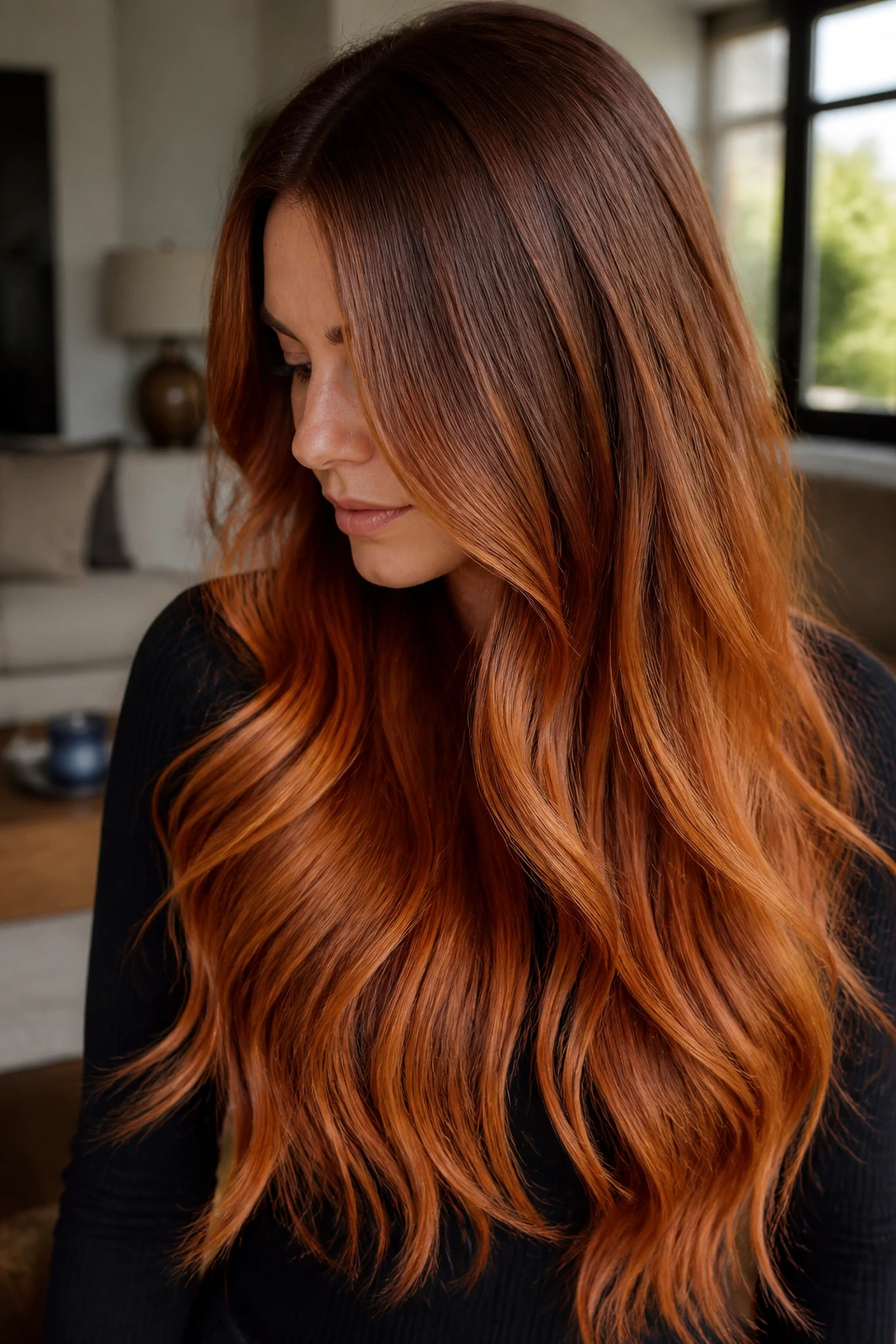 Close-up of real woman with bronze to copper transition long hair