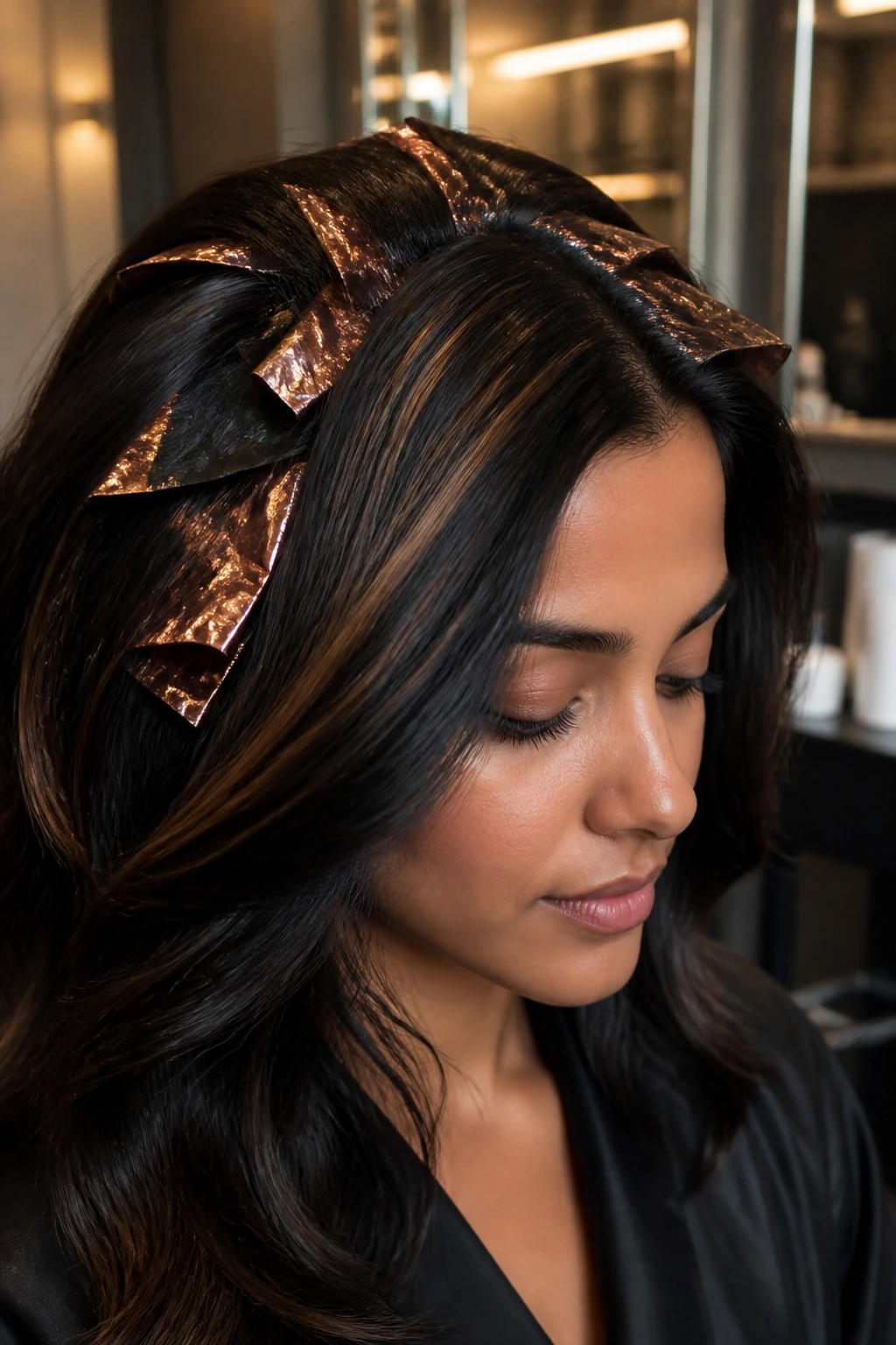 Portrait of black hair with bronze foil highlights framing the face.