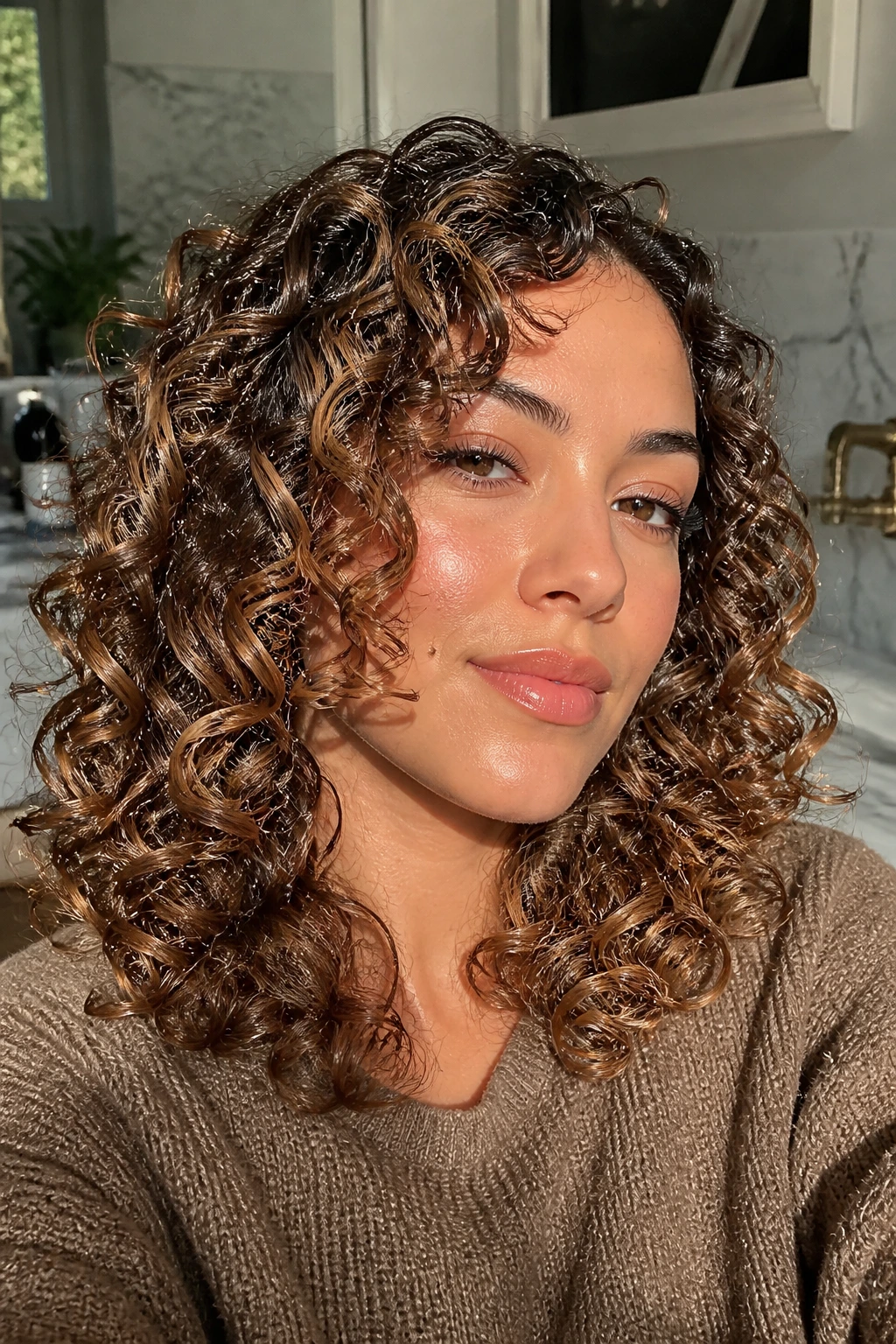 Close-up of bronze-glass finish curls with glossy shine.