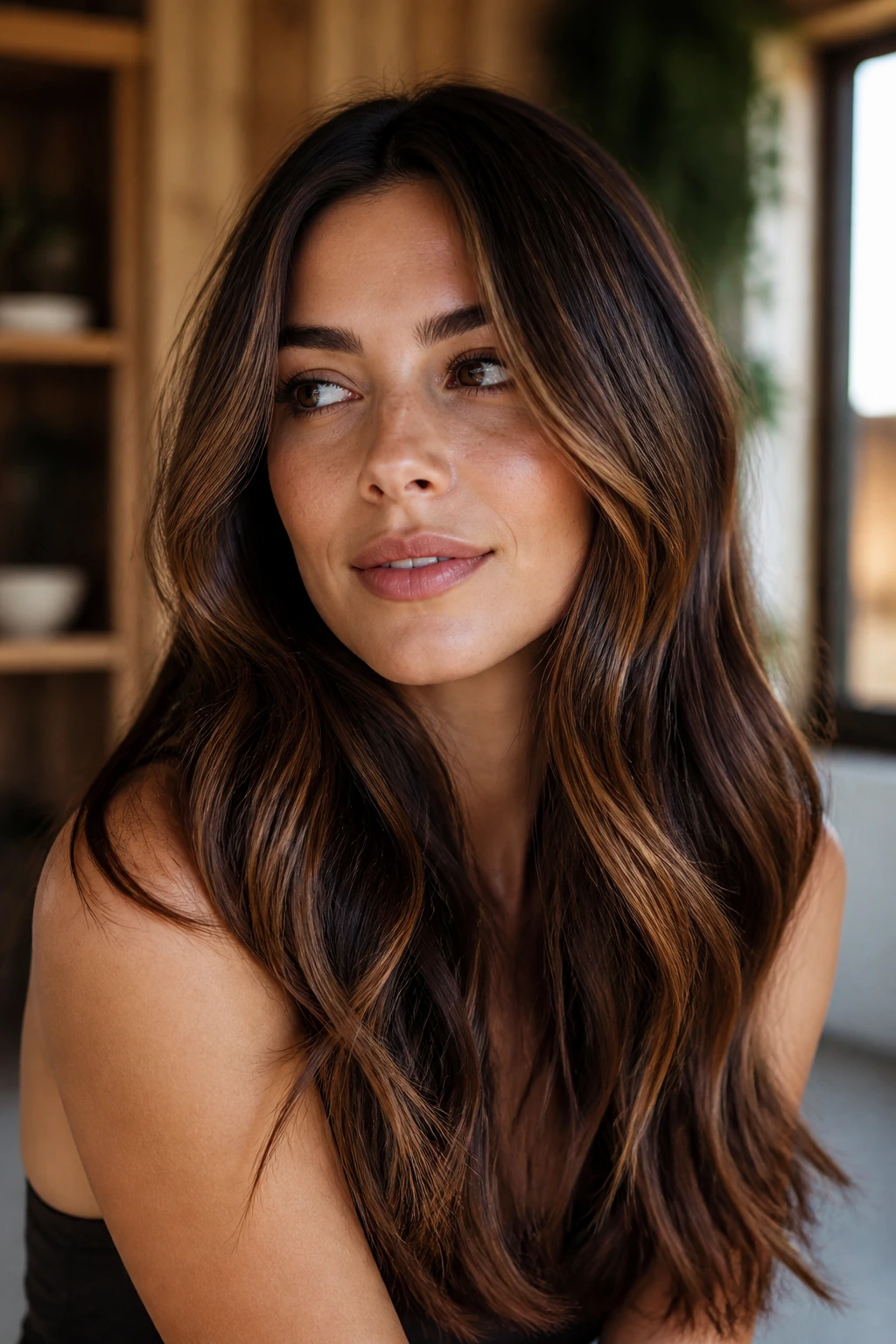Natural brunette with bronze glaze highlights in a close-up portrait