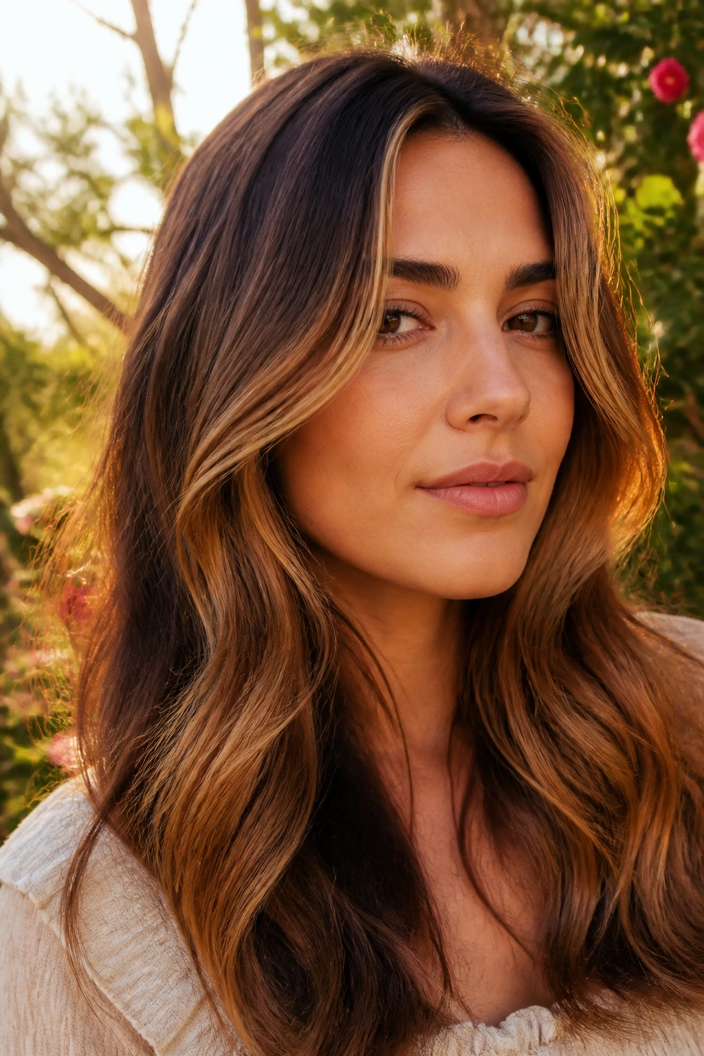 Close-up of bronze glow balayage on brunette hair in warm sunlight