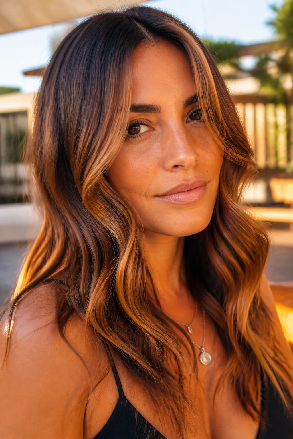 Close-up of a real woman with bronze glow balayage in brown-gold-copper tones