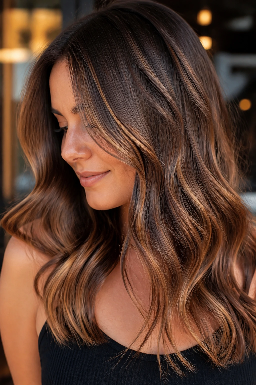 Close-up of Brunette with Bronze Glow Balayage showing bronze ribbons and warm glow