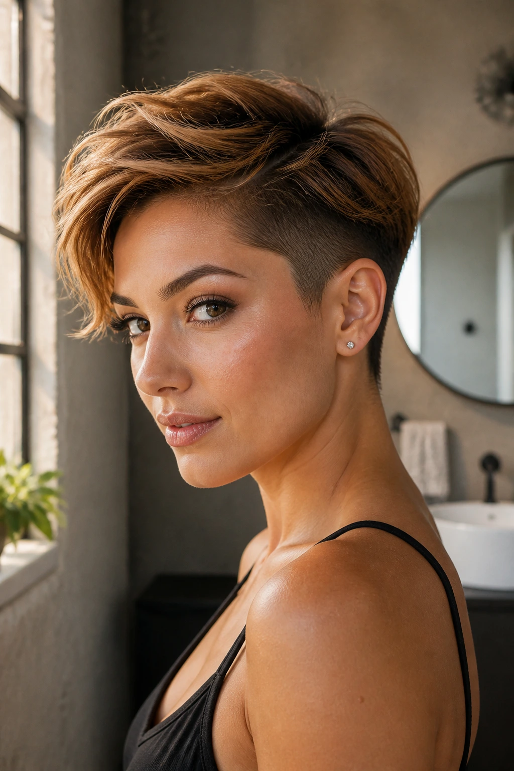 Close-up of a real woman with bronze glow undercut pixie hairstyle in warm light