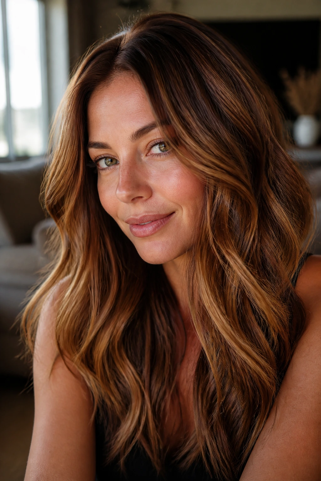 Close-up portrait of a woman with multidimensional bronze hair in warm window light