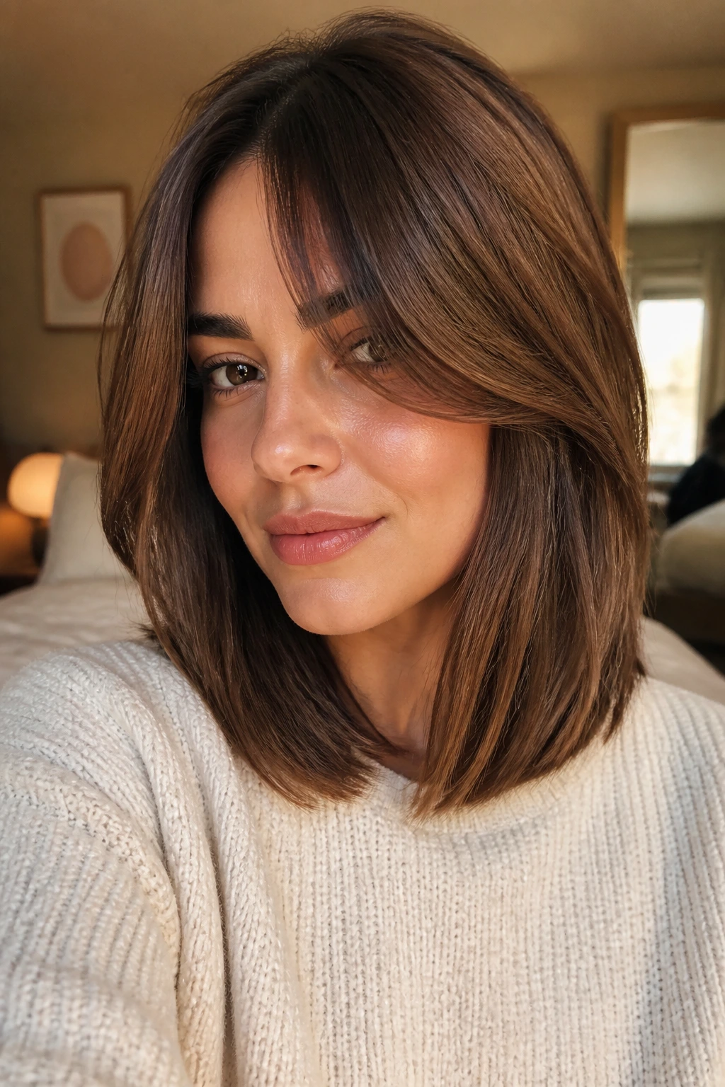Close-up of a woman with bronze brunette lob and long curtain fringe